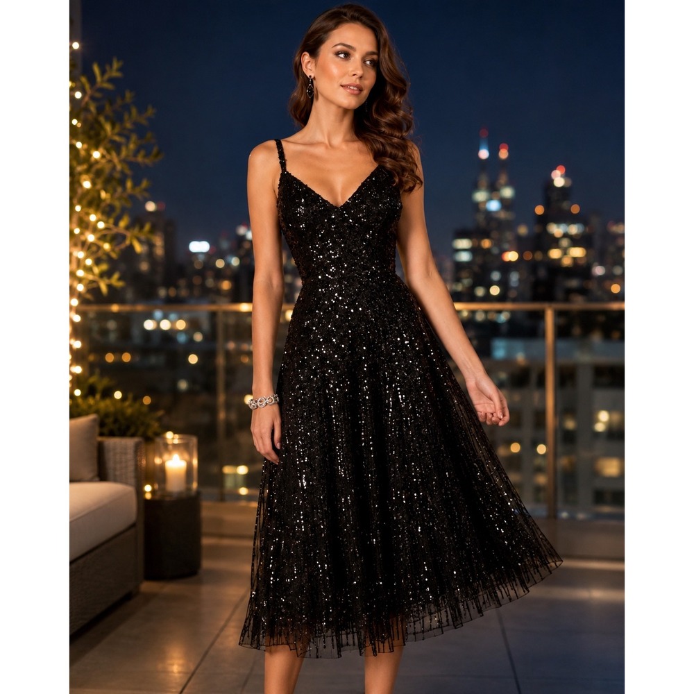 NWT LARA Black Sequin Midi Dress Style 29347 | Size 6 Cocktail Formal Party‎